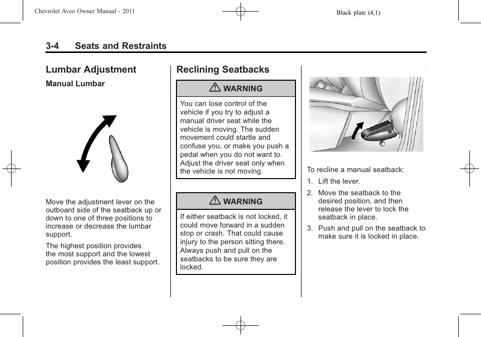 Lumbar adjustment, Reclining seatbacks, Lumbar adjustment -4 reclining seatbacks -4 | CHEVROLET 2011 Aveo User Manual | Page 54 / 328