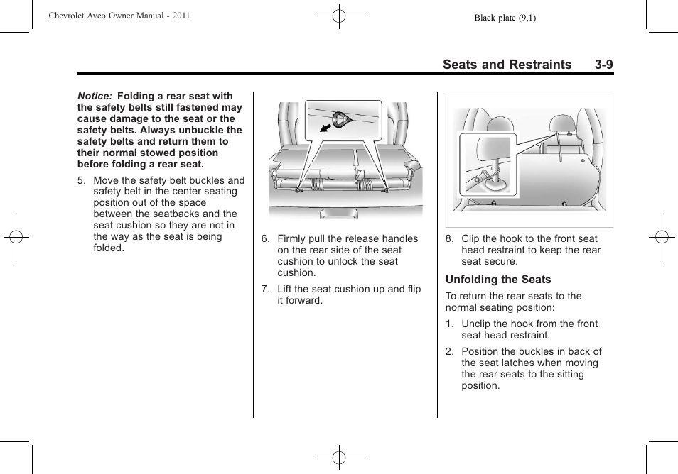 Seats and restraints 3-9 | CHEVROLET 2011 Aveo User Manual | Page 59 / 328