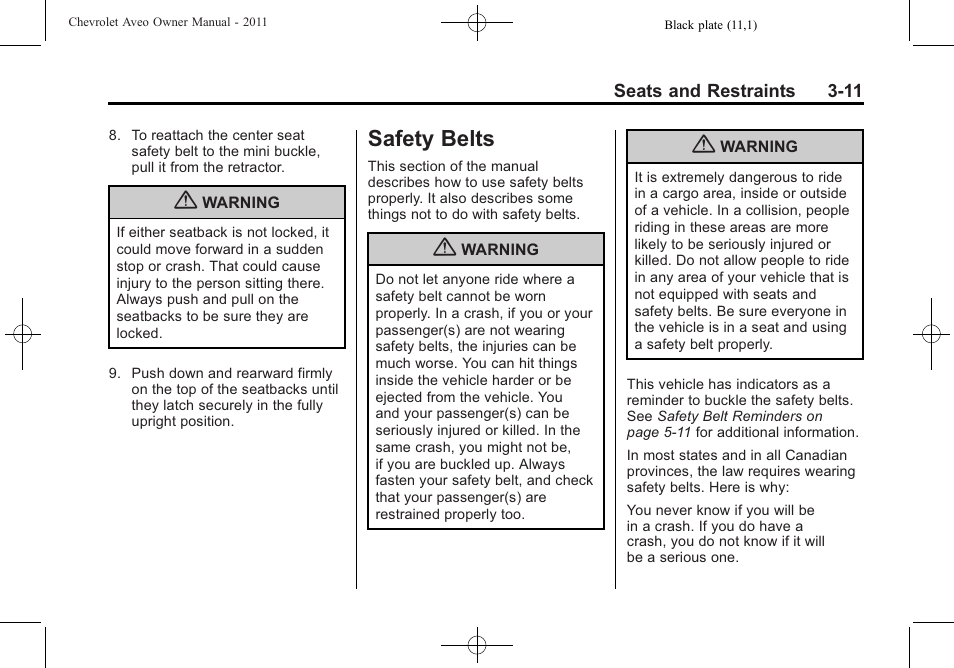 Safety belts, Safety belts -11, Air vents | Airbag | CHEVROLET 2011 Aveo User Manual | Page 61 / 328
