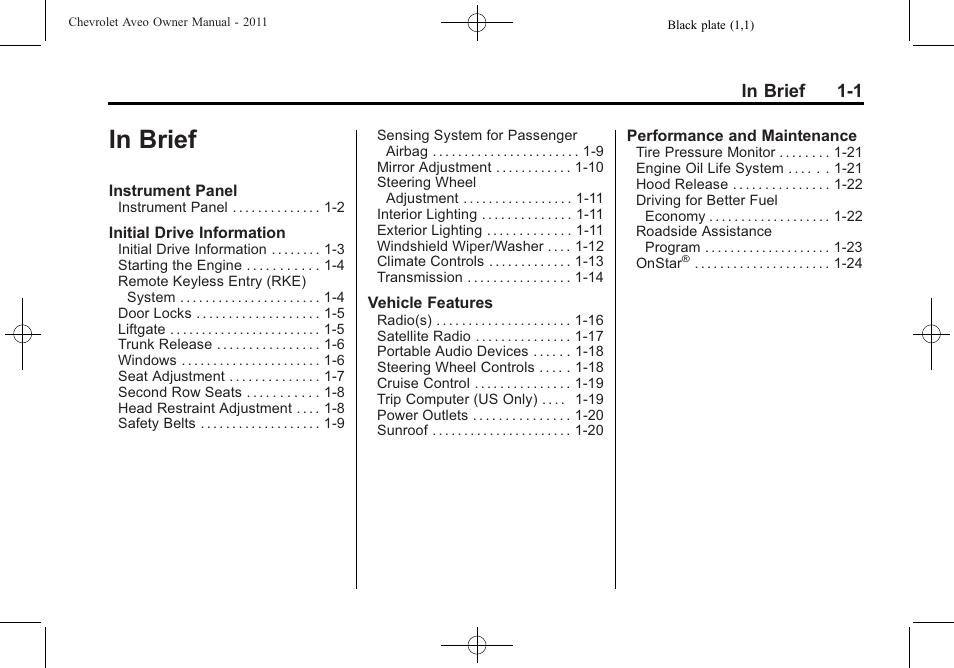 In brief, In brief -1 | CHEVROLET 2011 Aveo User Manual | Page 7 / 328