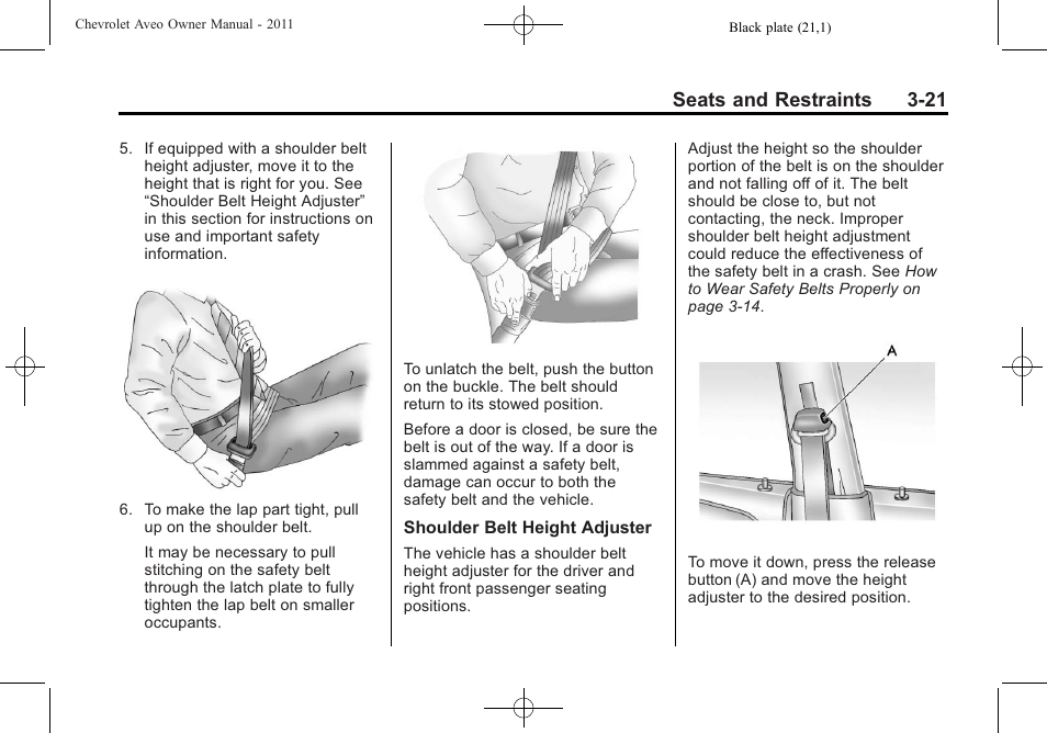 Seats and restraints 3-21 | CHEVROLET 2011 Aveo User Manual | Page 71 / 328