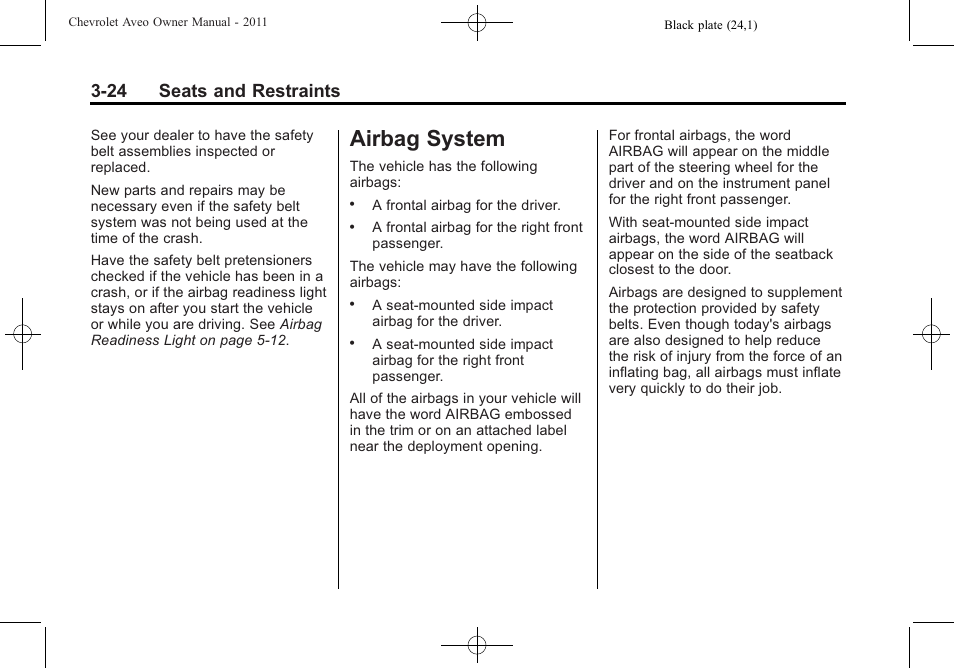 Airbag system, Airbag system -24, Maintenance | 24 seats and restraints | CHEVROLET 2011 Aveo User Manual | Page 74 / 328