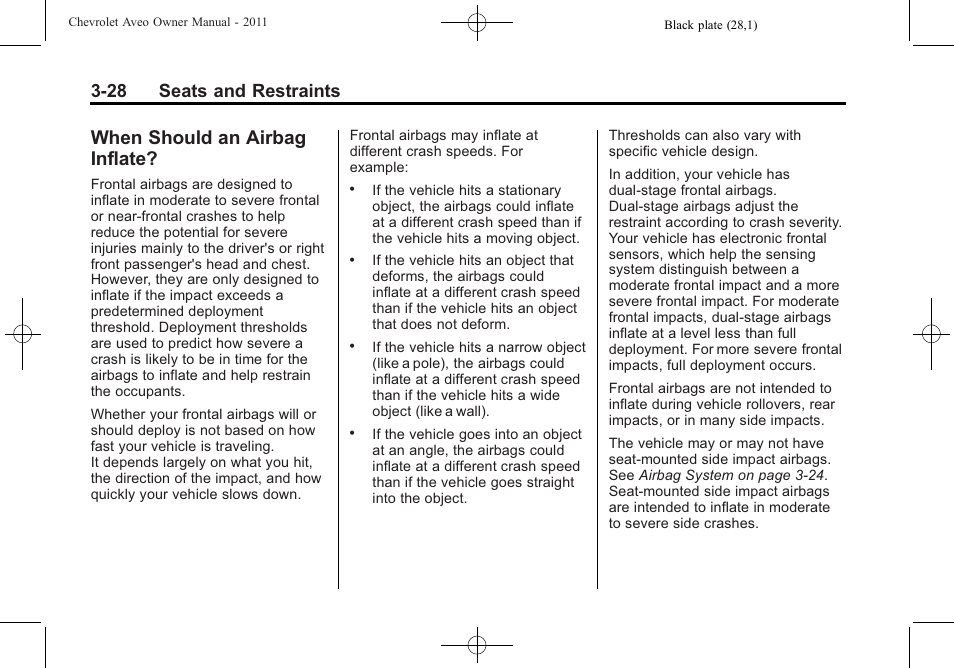 When should an airbag inflate, When should an airbag, Inflate? -28 | 28 seats and restraints | CHEVROLET 2011 Aveo User Manual | Page 78 / 328