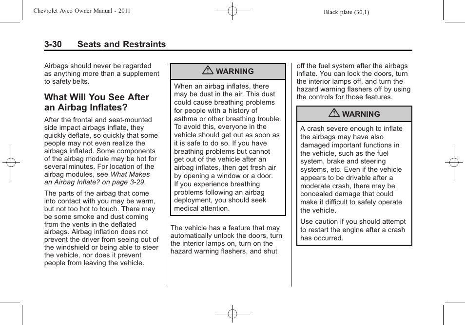 What will you see after an airbag inflates, Will you see after an, Airbag inflates? -30 | CHEVROLET 2011 Aveo User Manual | Page 80 / 328