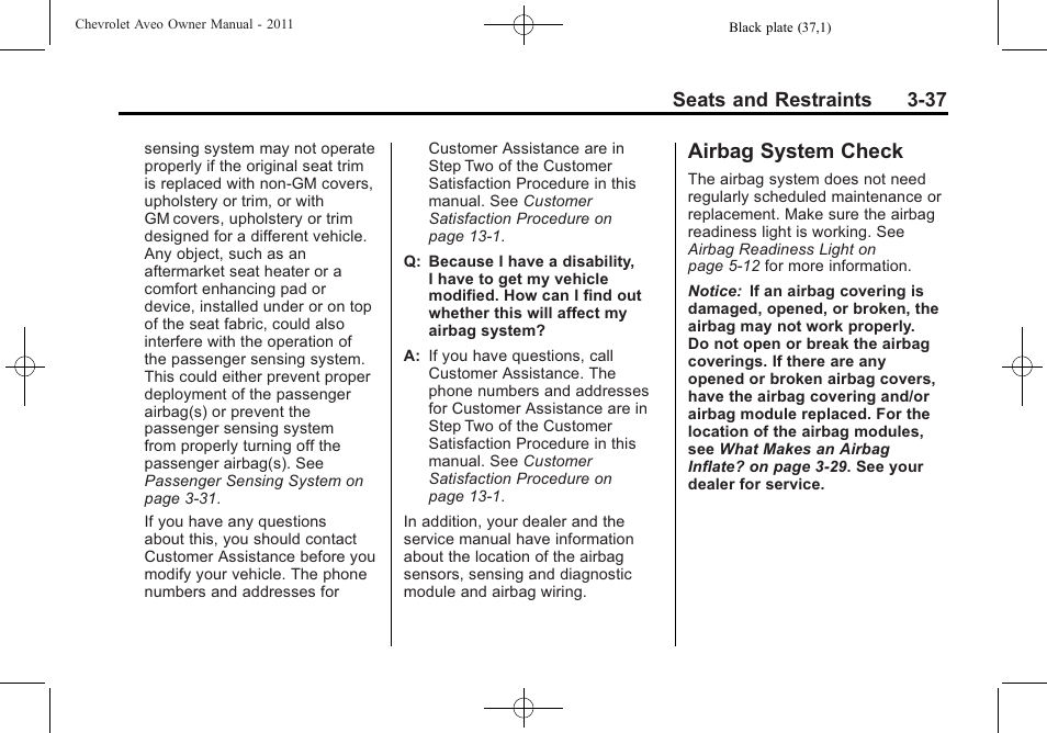 Airbag system check, System check -37 | CHEVROLET 2011 Aveo User Manual | Page 87 / 328