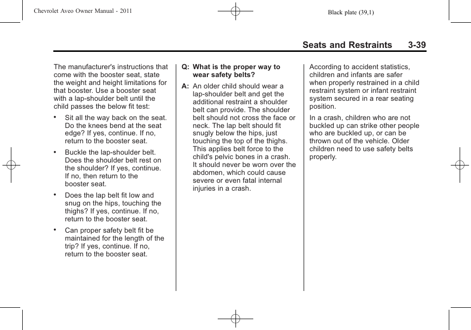 Seats and restraints 3-39 | CHEVROLET 2011 Aveo User Manual | Page 89 / 328