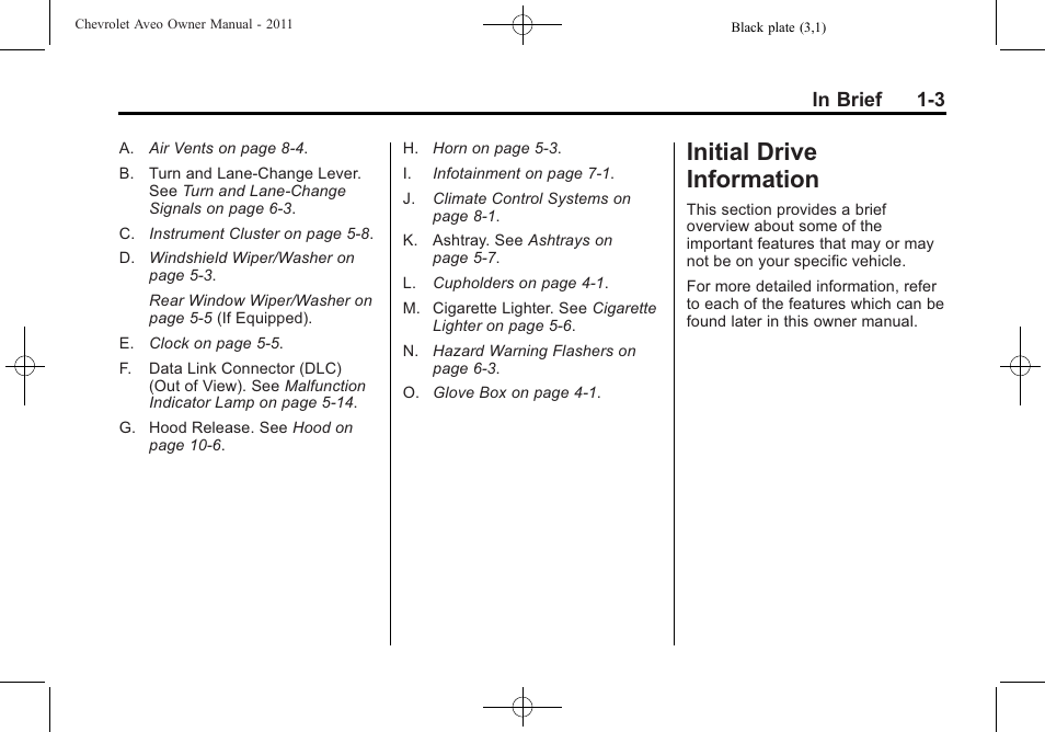 Initial drive information, Initial drive information -3, Starting and | CHEVROLET 2011 Aveo User Manual | Page 9 / 328