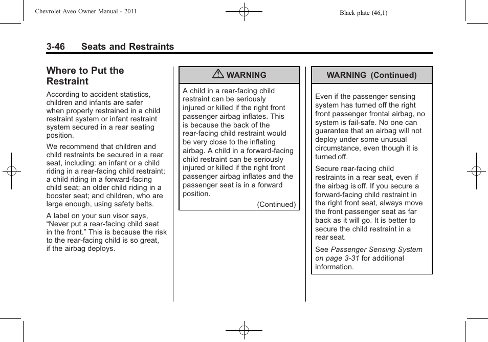 Where to put the restraint, Where to put the restraint -46 | CHEVROLET 2011 Aveo User Manual | Page 96 / 328