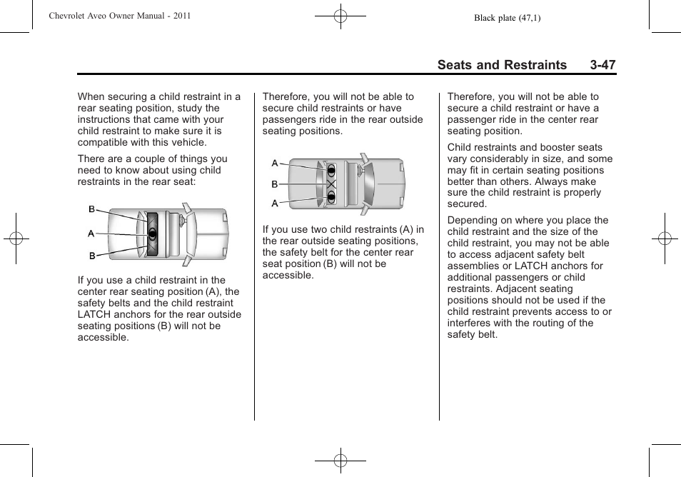 Seats and restraints 3-47 | CHEVROLET 2011 Aveo User Manual | Page 97 / 328