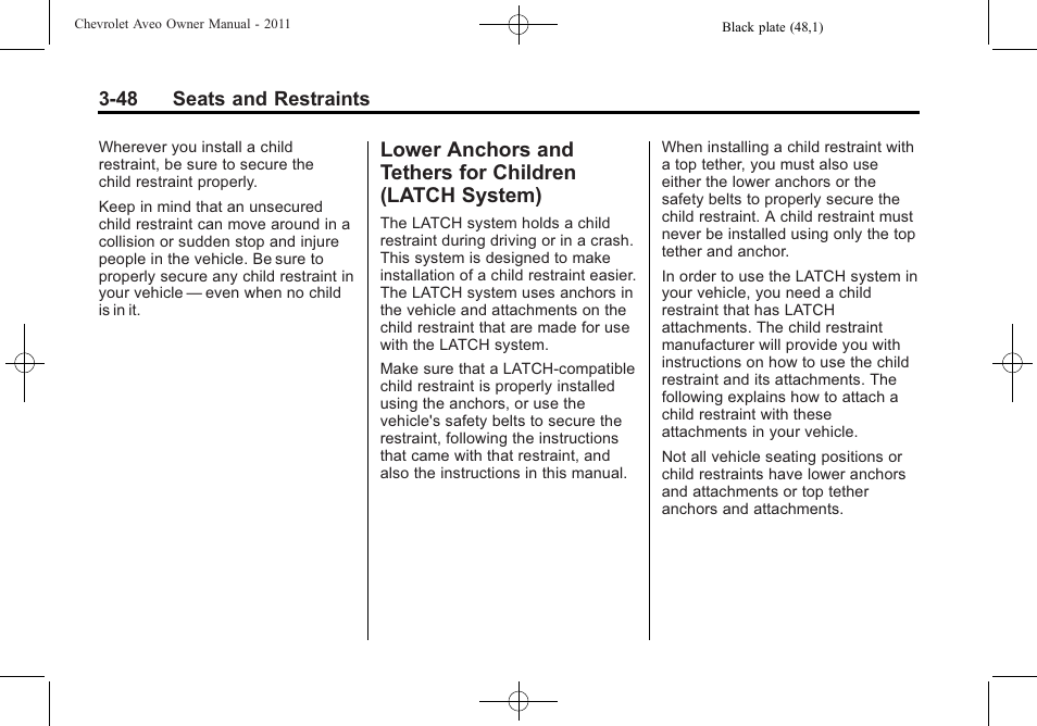 Lower anchors and tethers, For children (latch system) -48 | CHEVROLET 2011 Aveo User Manual | Page 98 / 328