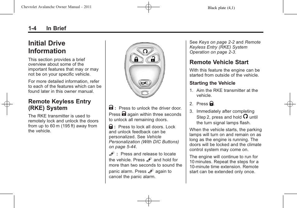 Initial drive information, Remote keyless entry (rke) system, Remote vehicle start | Initial drive information -4, Luggage/load locations -2, Air vents -10, System -4, Remote vehicle start -4, Windshield | CHEVROLET 2011 Avalanche User Manual | Page 10 / 508