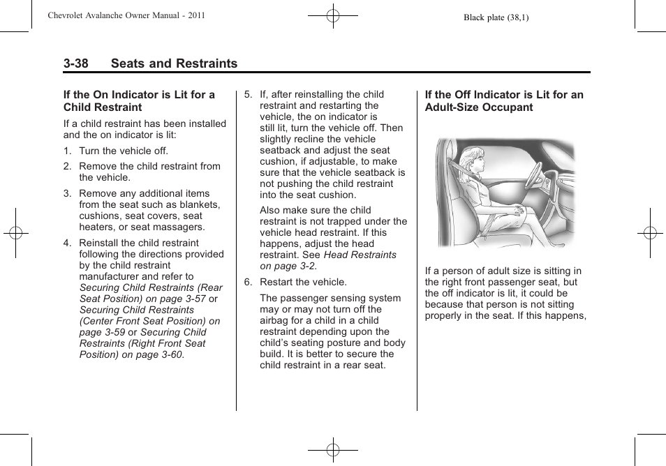38 seats and restraints | CHEVROLET 2011 Avalanche User Manual | Page 100 / 508