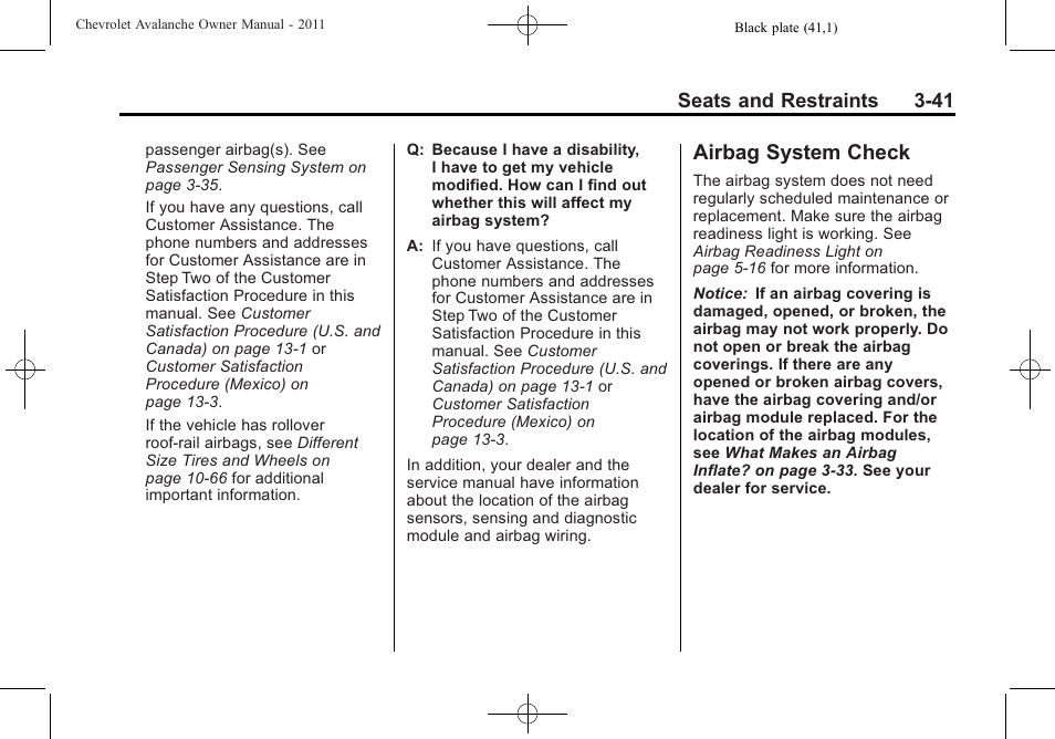 Airbag system check, Airbag system check -41 | CHEVROLET 2011 Avalanche User Manual | Page 103 / 508
