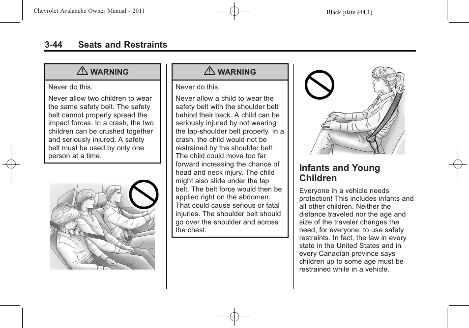 Infants and young children, Infants and young, Children -44 | CHEVROLET 2011 Avalanche User Manual | Page 106 / 508