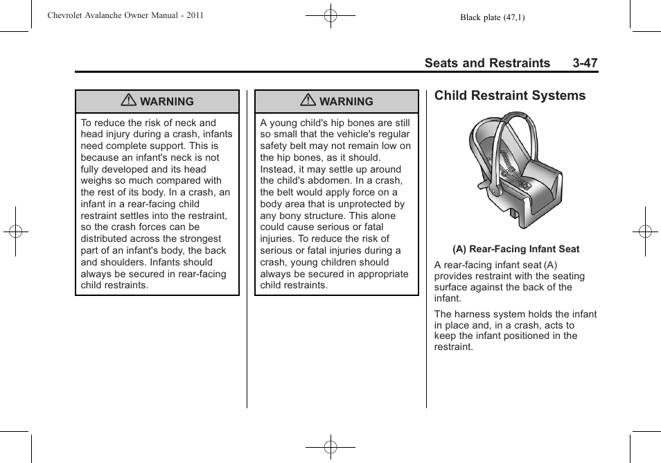 Child restraint systems, Child restraint systems -47 | CHEVROLET 2011 Avalanche User Manual | Page 109 / 508