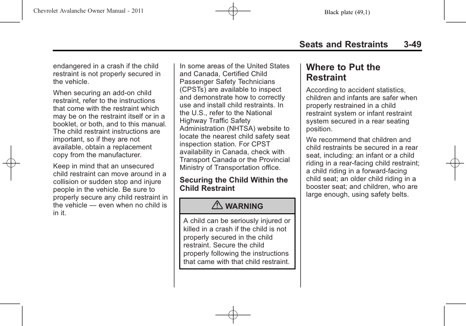 Where to put the restraint, Where to put the restraint -49 | CHEVROLET 2011 Avalanche User Manual | Page 111 / 508