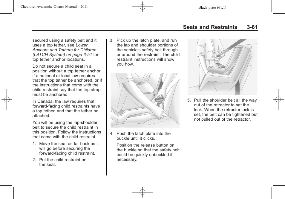 Seats and restraints 3-61 | CHEVROLET 2011 Avalanche User Manual | Page 123 / 508