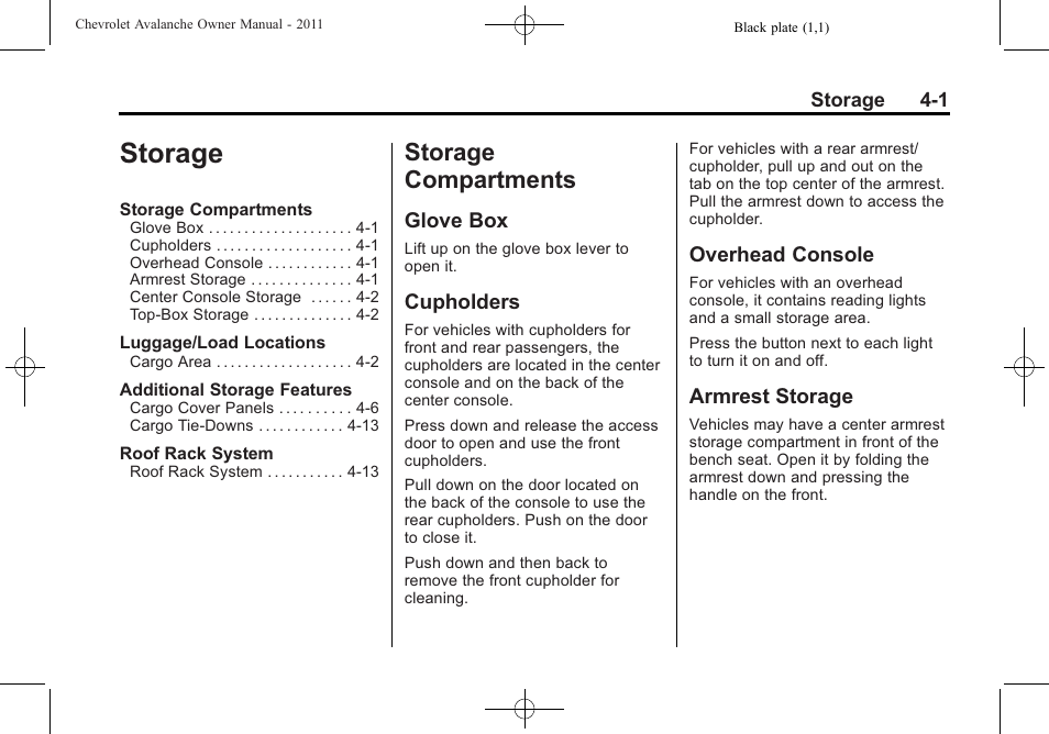 Storage, Storage compartments, Glove box | Cupholders, Overhead console, Armrest storage, Storage -1, Storage compartments -1, Climate control | CHEVROLET 2011 Avalanche User Manual | Page 125 / 508