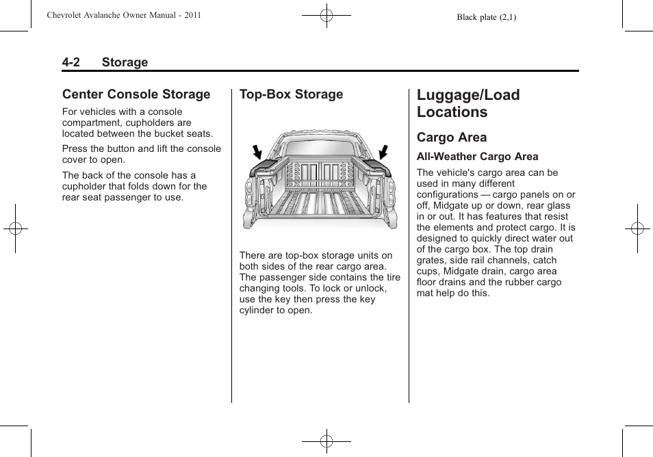 Center console storage, Top-box storage, Luggage/load locations | Cargo area, Center console storage -2 top-box storage -2, Cargo area -2, Cupholders | CHEVROLET 2011 Avalanche User Manual | Page 126 / 508