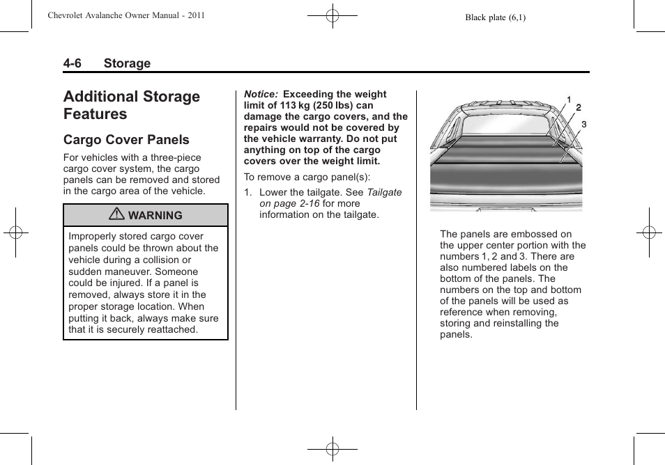 Additional storage features, Cargo cover panels, Cargo cover panels -6 | CHEVROLET 2011 Avalanche User Manual | Page 130 / 508