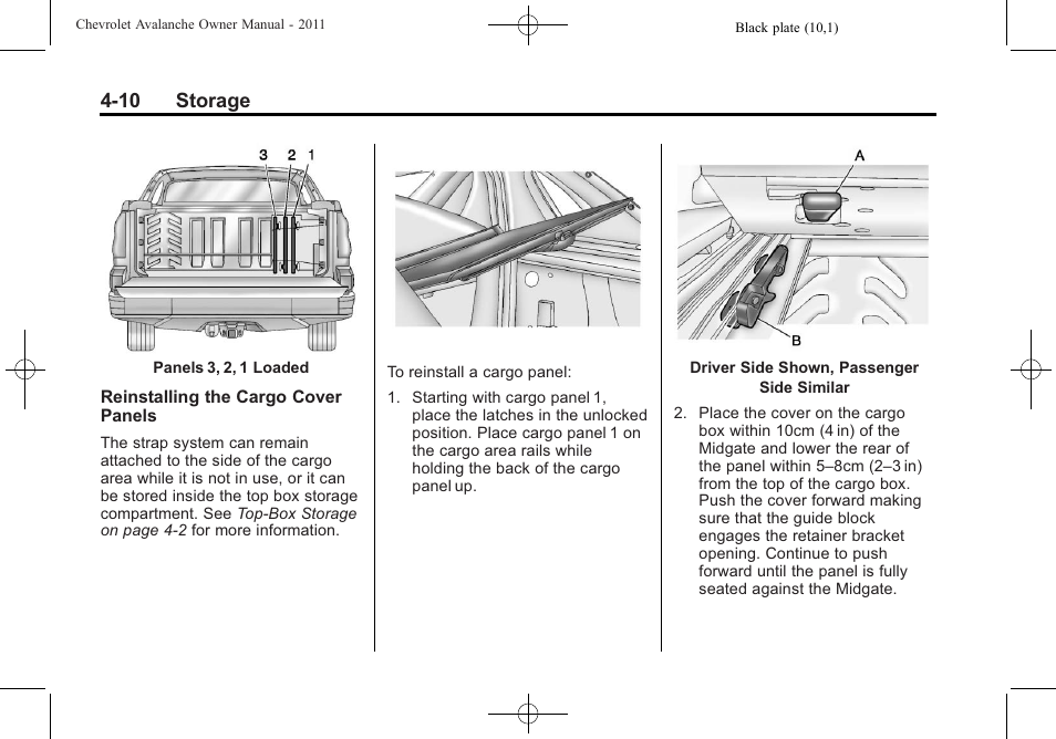 10 storage | CHEVROLET 2011 Avalanche User Manual | Page 134 / 508