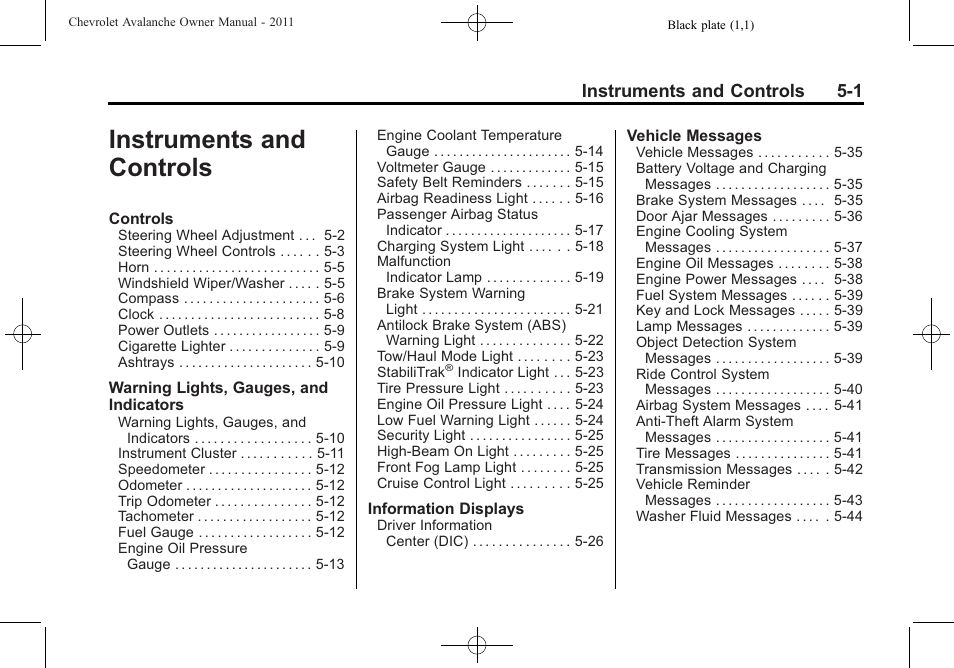 Instruments and controls, Instruments and controls -1, Instruments and controls 5-1 | CHEVROLET 2011 Avalanche User Manual | Page 139 / 508
