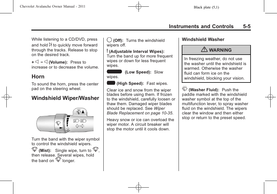 Horn, Windshield wiper/washer, Horn -5 windshield wiper/washer -5 | CHEVROLET 2011 Avalanche User Manual | Page 143 / 508