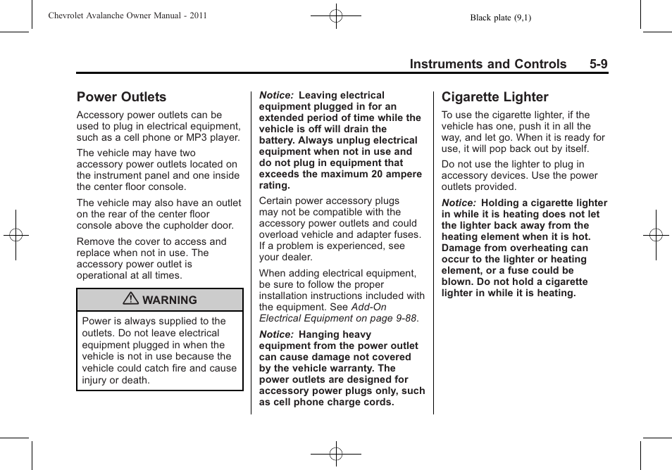 Power outlets, Cigarette lighter, Power outlets -9 cigarette lighter -9 | CHEVROLET 2011 Avalanche User Manual | Page 147 / 508