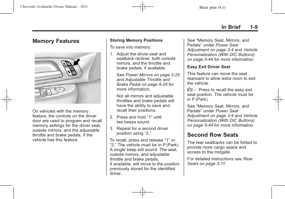 Memory features, Second row seats, Memory features -9 second row seats -9 | CHEVROLET 2011 Avalanche User Manual | Page 15 / 508