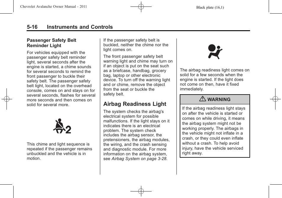 Airbag readiness light, Airbag readiness light -16 | CHEVROLET 2011 Avalanche User Manual | Page 154 / 508