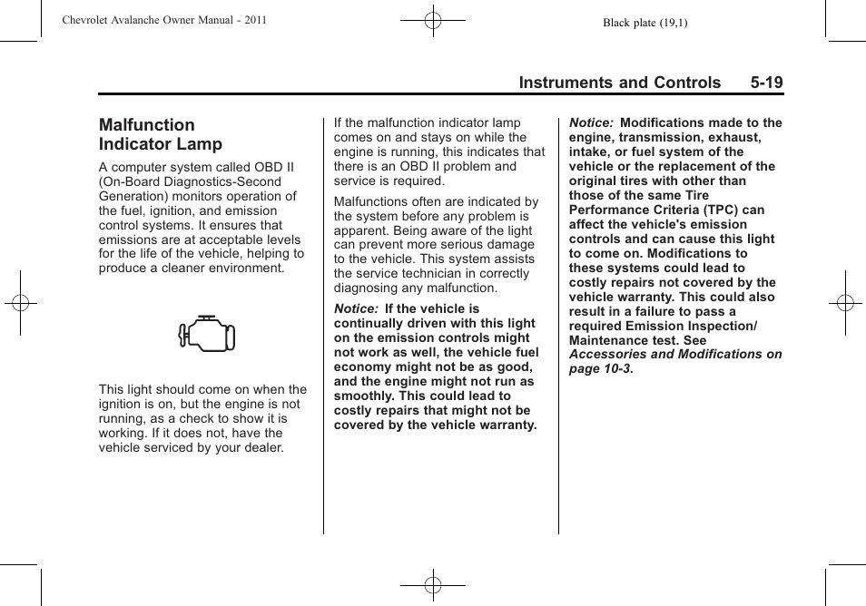 Malfunction indicator lamp, Malfunction, Indicator lamp -19 | CHEVROLET 2011 Avalanche User Manual | Page 157 / 508