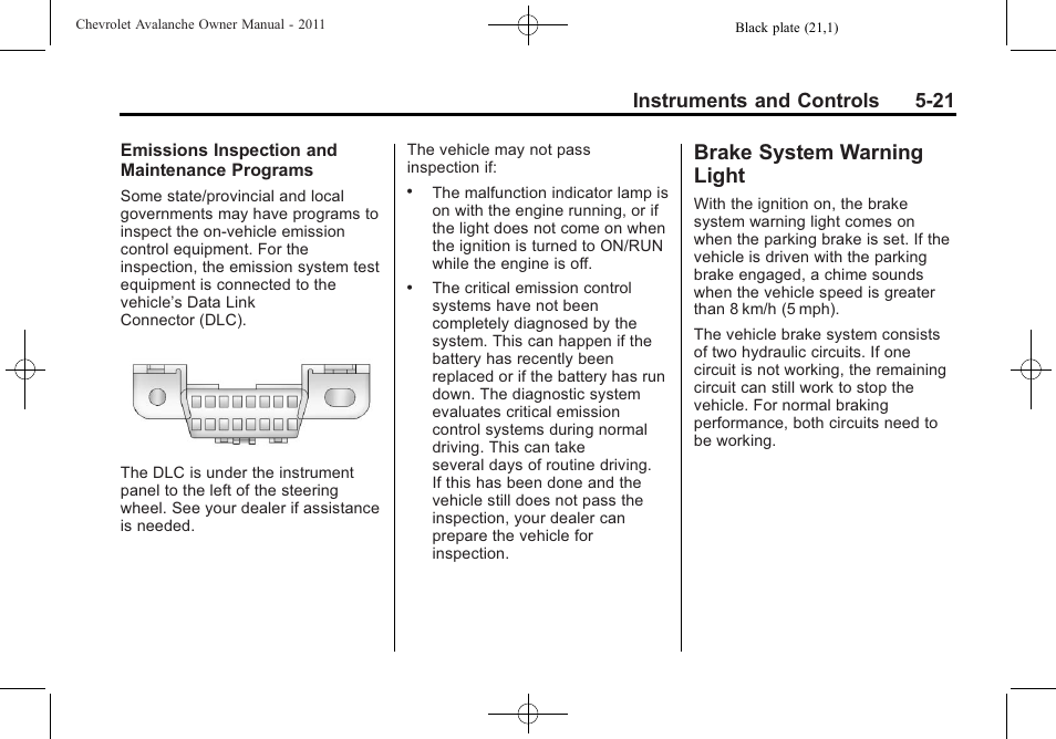 Brake system warning light, Brake system warning, Light -21 | Instruments and controls 5-21 | CHEVROLET 2011 Avalanche User Manual | Page 159 / 508