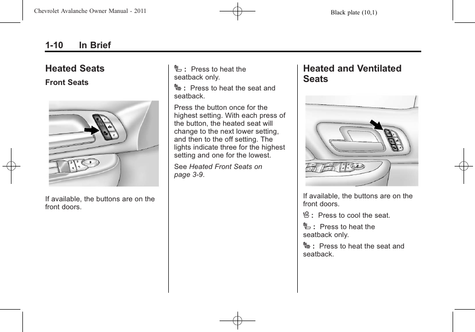 Heated seats, Heated and ventilated seats, Heated seats -10 heated and ventilated | Seats -10 | CHEVROLET 2011 Avalanche User Manual | Page 16 / 508