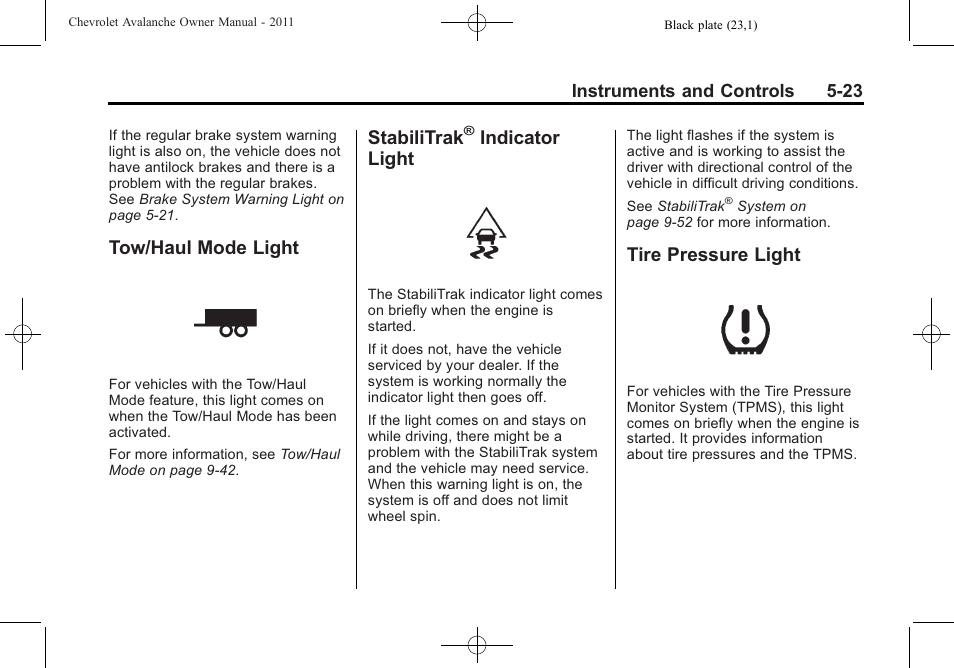 Tow/haul mode light, Stabilitrak® indicator light, Tire pressure light | Tow/haul mode light -23 stabilitrak, Indicator light -23, Tire pressure light -23, Stabilitrak, Indicator light | CHEVROLET 2011 Avalanche User Manual | Page 161 / 508