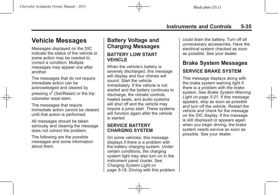 Vehicle messages, Battery voltage and charging messages, Brake system messages | Ride control systems -52, Vehicle messages -35 battery voltage and charging, Messages -35, Brake system messages -35 | CHEVROLET 2011 Avalanche User Manual | Page 173 / 508