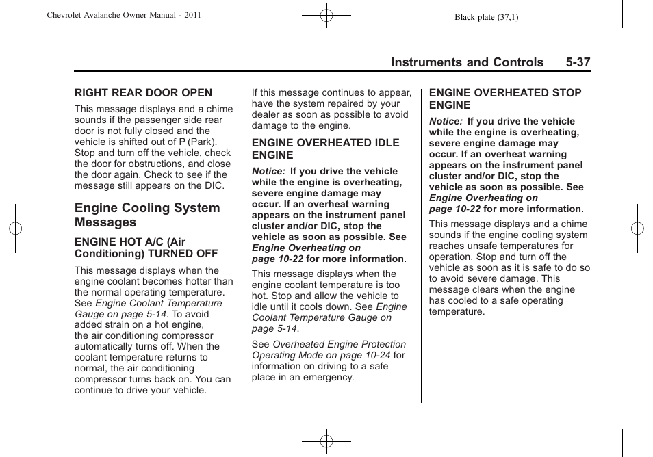 Engine cooling system messages, Engine cooling system, Messages -37 | CHEVROLET 2011 Avalanche User Manual | Page 175 / 508