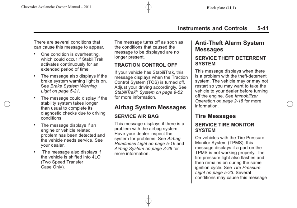 Airbag system messages, Anti-theft alarm system messages, Tire messages | Airbag system messages -41 anti-theft alarm system, Messages -41, Tire messages -41, Instruments and controls 5-41 | CHEVROLET 2011 Avalanche User Manual | Page 179 / 508