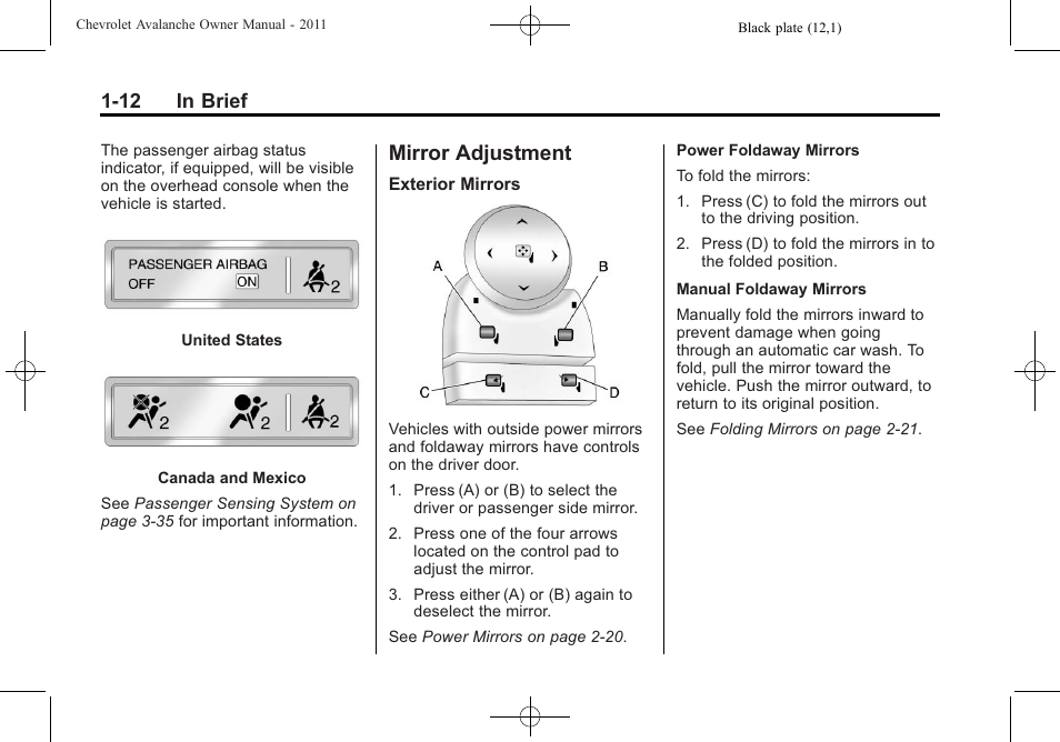 Mirror adjustment, Mirror adjustment -12, Rear | 12 in brief | CHEVROLET 2011 Avalanche User Manual | Page 18 / 508
