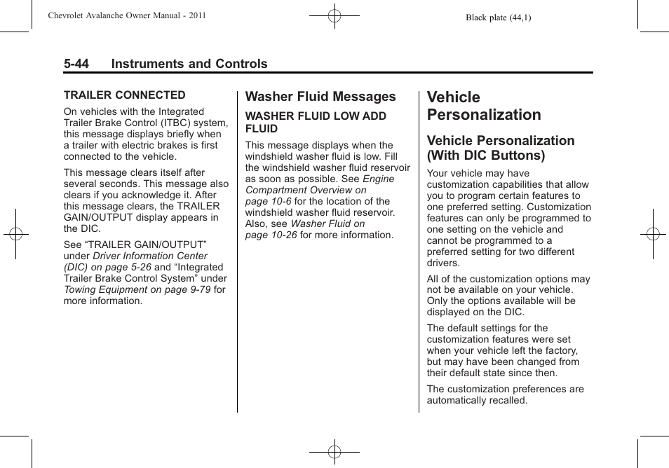 Washer fluid messages, Vehicle personalization, Vehicle personalization (with dic buttons) | Personalization -44, Cruise, Washer fluid messages -44, Vehicle personalization (with, Dic buttons) -44 | CHEVROLET 2011 Avalanche User Manual | Page 182 / 508