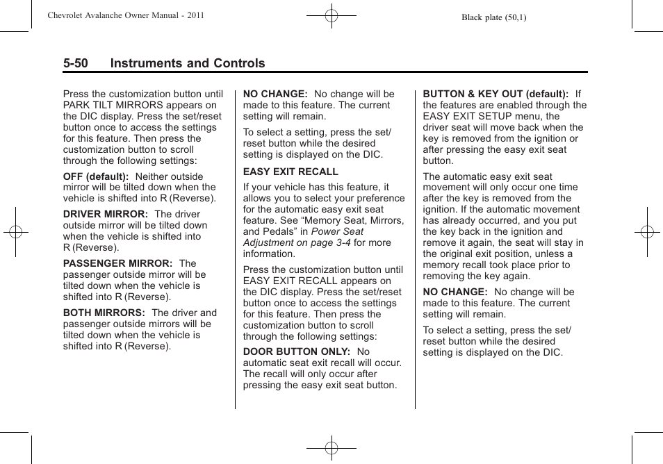 50 instruments and controls | CHEVROLET 2011 Avalanche User Manual | Page 188 / 508