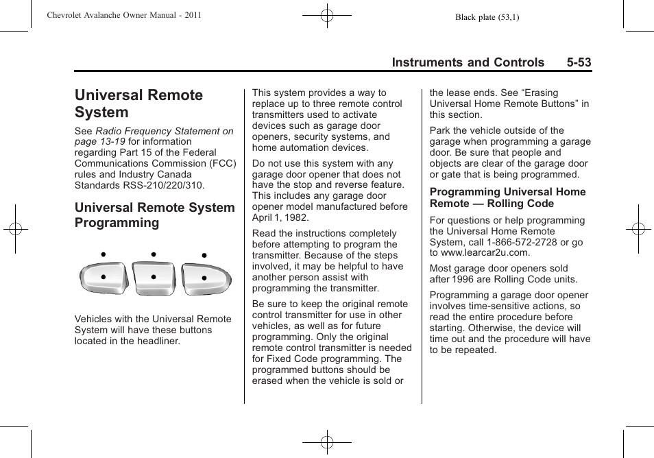 Universal remote system, Universal remote system programming, Remote system -53 | Object detection, Programming -53 | CHEVROLET 2011 Avalanche User Manual | Page 191 / 508