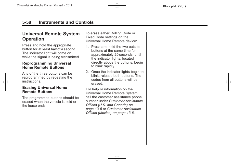 Universal remote system operation, Universal remote system, Operation -58 | CHEVROLET 2011 Avalanche User Manual | Page 196 / 508