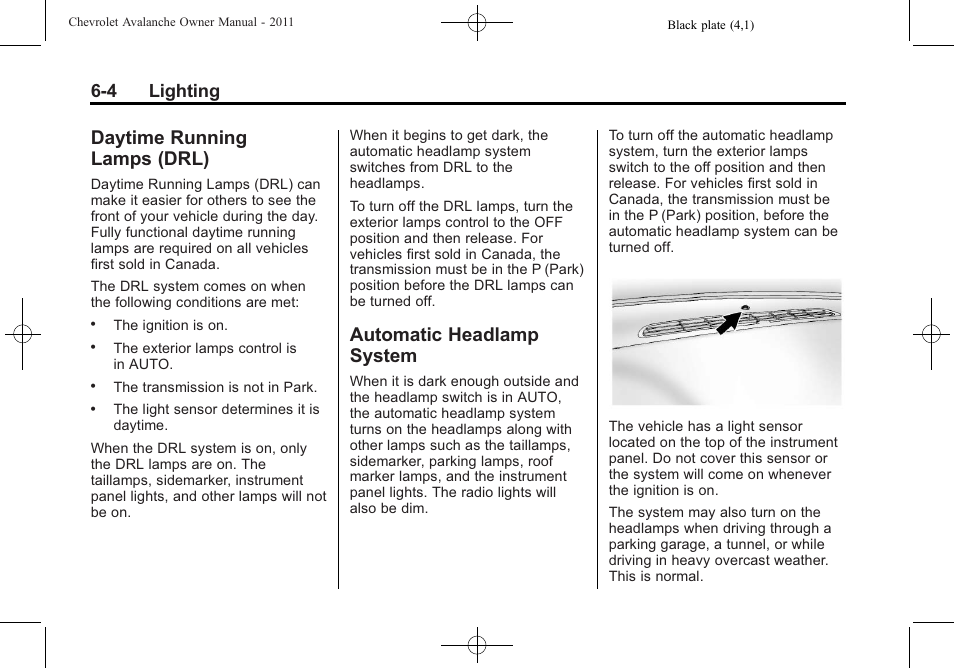 Daytime running lamps (drl), Automatic headlamp system, Daytime running | Lamps (drl) -4, Automatic headlamp, System -4, 4 lighting | CHEVROLET 2011 Avalanche User Manual | Page 200 / 508