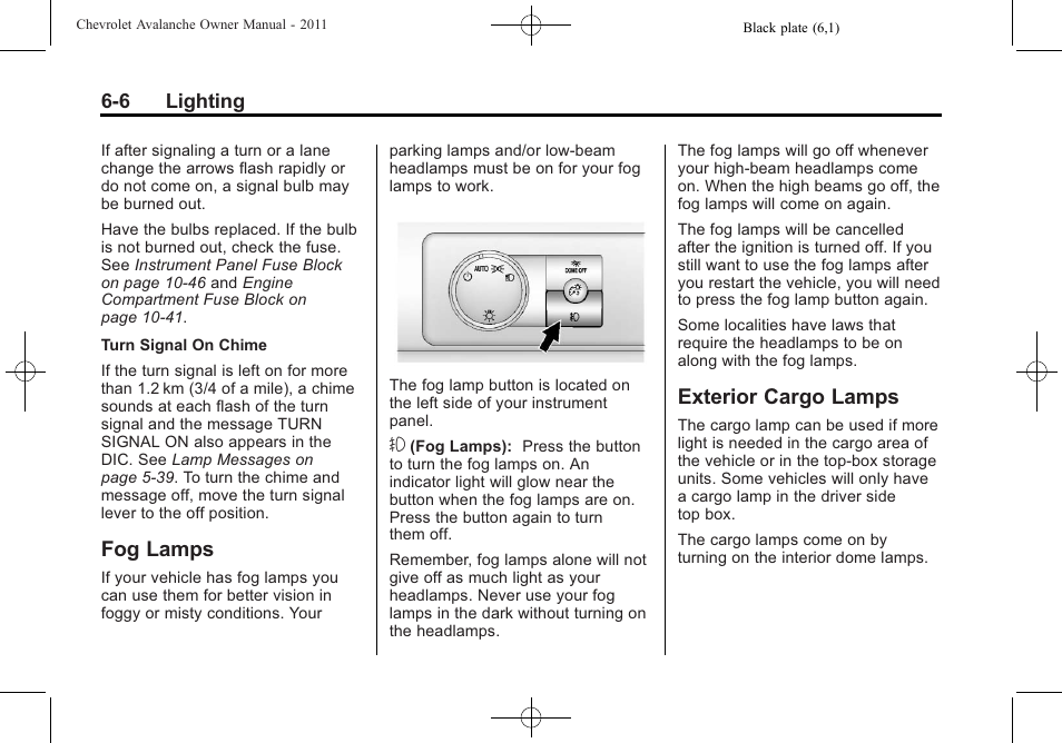 Fog lamps, Exterior cargo lamps, Fog lamps -6 exterior cargo lamps -6 | CHEVROLET 2011 Avalanche User Manual | Page 202 / 508
