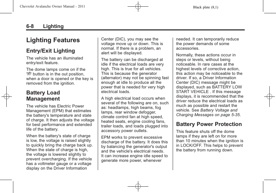 Lighting features, Entry/exit lighting, Battery load management | Battery power protection, Vehicle | CHEVROLET 2011 Avalanche User Manual | Page 204 / 508