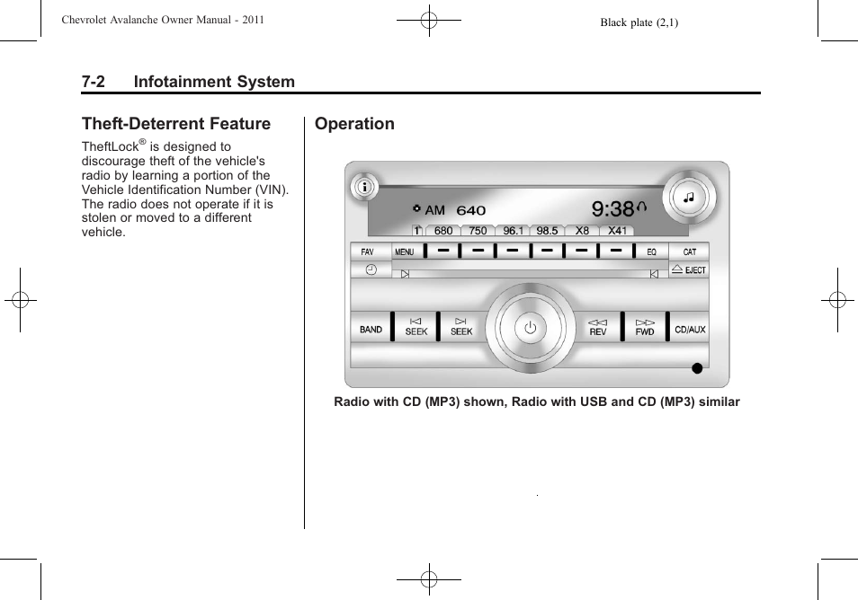 Theft-deterrent feature, Operation, Theft-deterrent feature -2 operation -2 | CHEVROLET 2011 Avalanche User Manual | Page 206 / 508