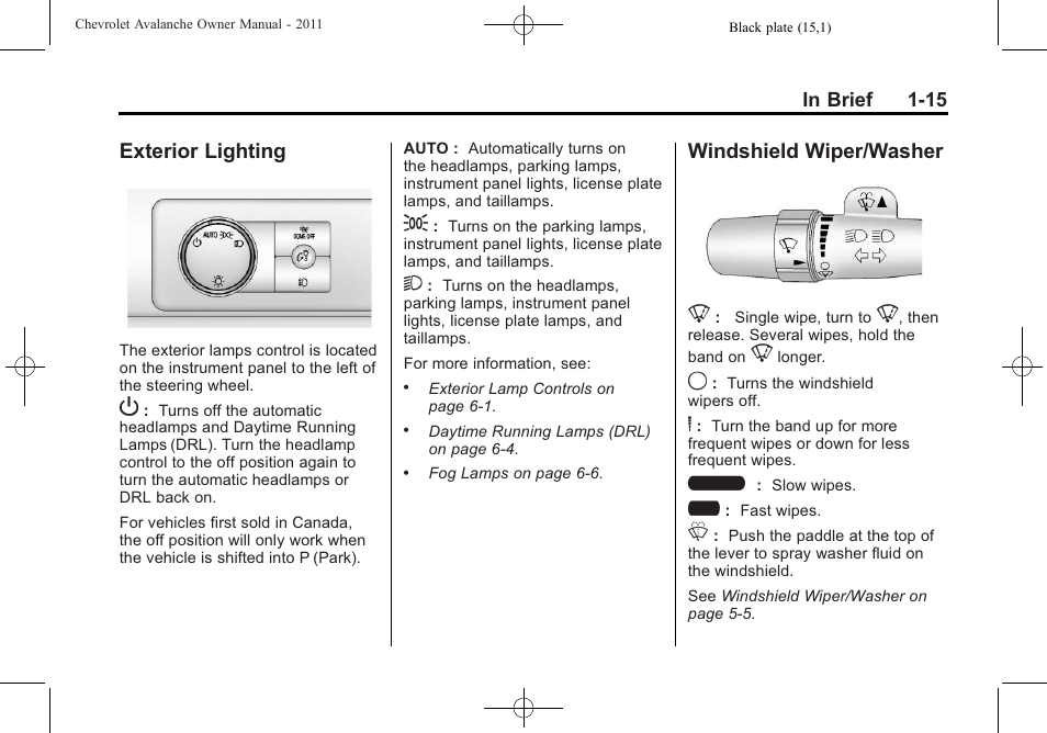 Exterior lighting, Windshield wiper/washer, Exterior lighting -15 | Wiper/washer -15, Windshield wiper/washer 8 | CHEVROLET 2011 Avalanche User Manual | Page 21 / 508