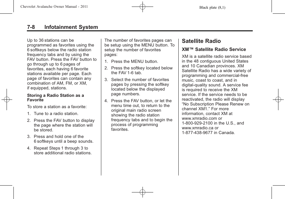 Satellite radio, Satellite radio -8, 8 infotainment system | CHEVROLET 2011 Avalanche User Manual | Page 212 / 508