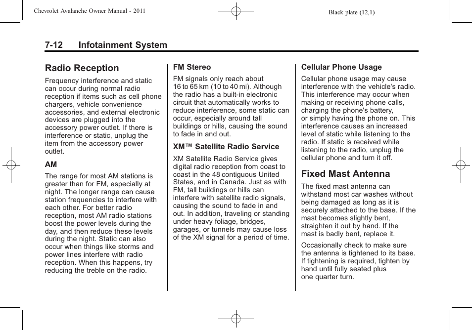 Radio reception, Fixed mast antenna, Radio reception -12 fixed mast antenna -12 | CHEVROLET 2011 Avalanche User Manual | Page 216 / 508