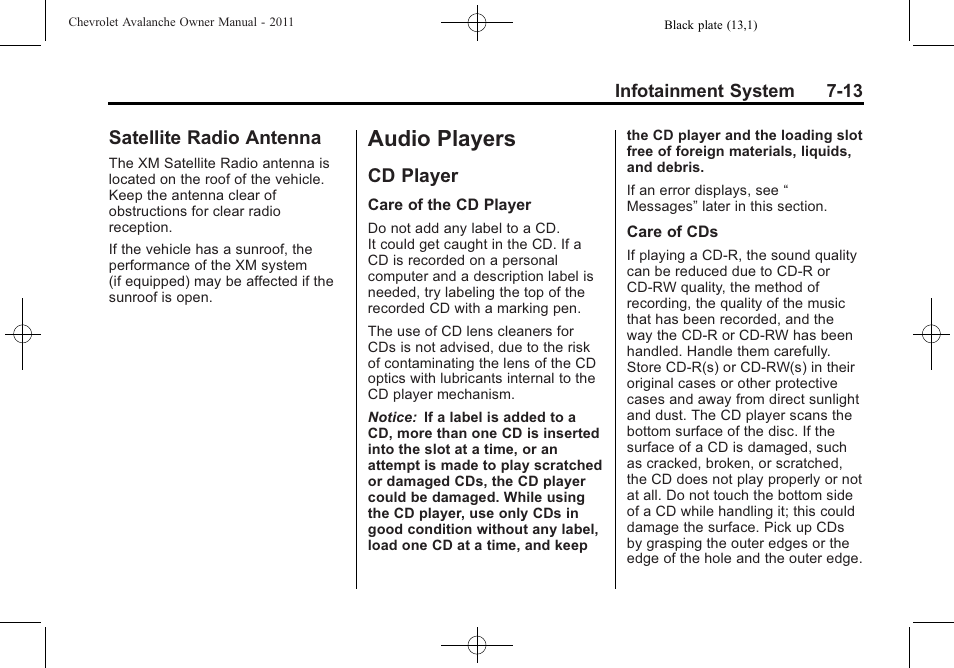 Satellite radio antenna, Audio players, Cd player | Audio players -13, Electrical system -40, Satellite radio antenna -13, Cd player -13 | CHEVROLET 2011 Avalanche User Manual | Page 217 / 508